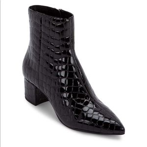croc-embossed sleek block-heeled booties.